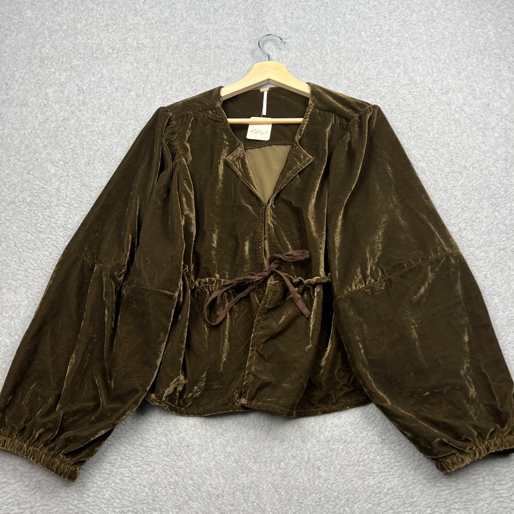 NEW Free People Brunch Babe Velvet Blouse Women Large Brown Bear Tie Front Boho